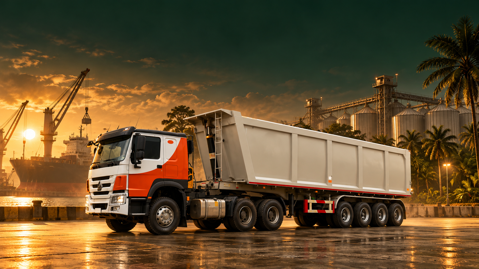 Illustration artistique d’un camion benne NSD’A Transport, orange et ivoire, au port